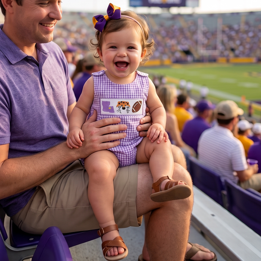A laughing baby girl wearing a purple and gold bow sitting on her dad's lap in stadium bleachers, dressed in a purple gingham smocked bubble romper featuring an embroidered purple state outline, tiger face, and football.