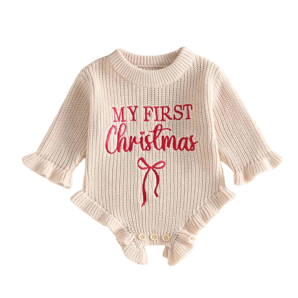 Beige baby girl My First Christmas long sleeve knit sweater romper with red embroidery and ruffle sleeve details.