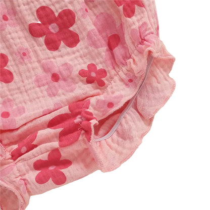 Detailed view of the ruffle trim and flexible elastic leg opening on the pink floral baby girl bloomers diaper cover.