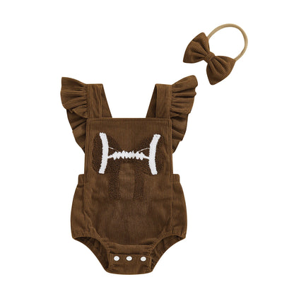 Brown baby girl flutter sleeve corduroy romper with football embroidery and matching headband