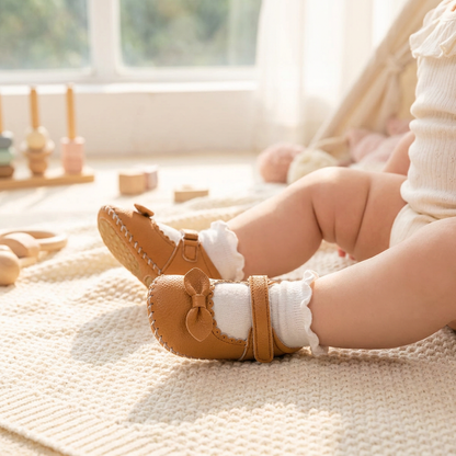 Close-up view of the brown baby girl Mary Jane shoes with bowknot being worn by an infant sitting on a textured cream blanket near a window.