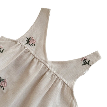 Close-up detail of the V-neck straps and delicate pink floral embroidery stitching on the beige baby romper.