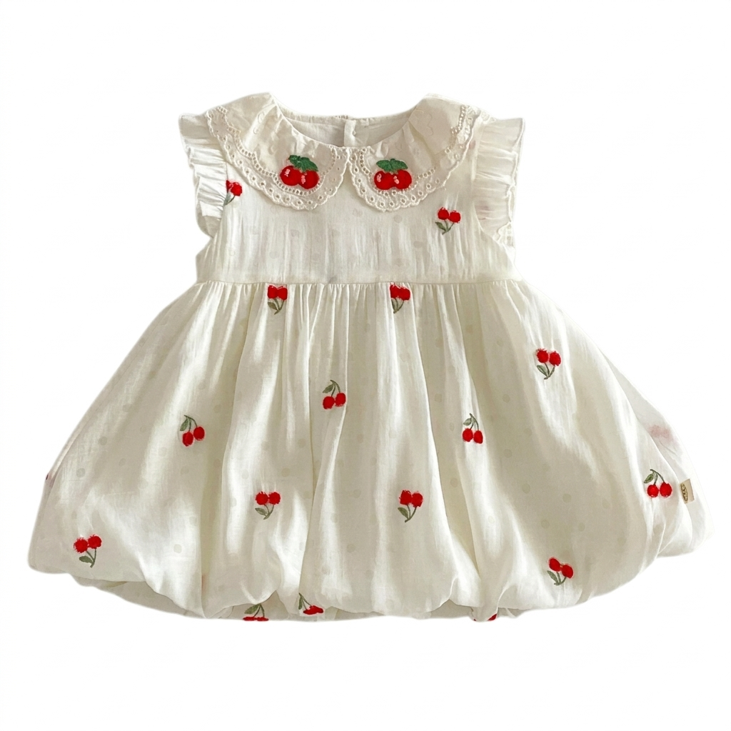 Sleeveless antique cream baby and toddler girl bubble dress featuring red cherry sprig embroidery, a ruffled lace Peter Pan collar, and Swiss-dot textured cotton fabric.