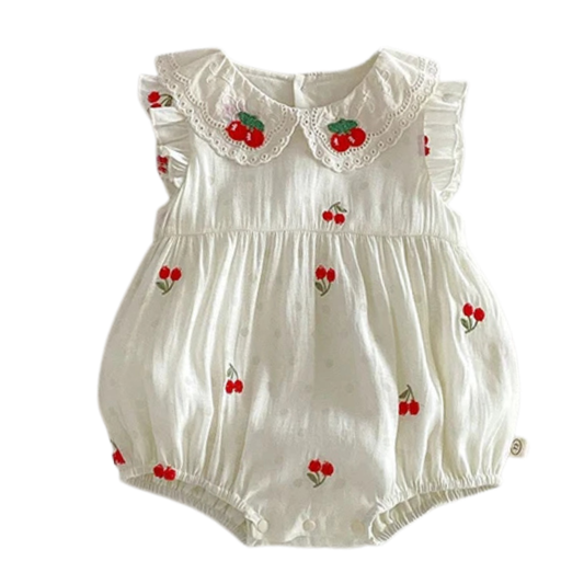 Sleeveless antique cream baby girl bubble romper with red cherry sprig embroidery, a ruffled lace Peter Pan collar, and functional bottom snaps for diaper changes.