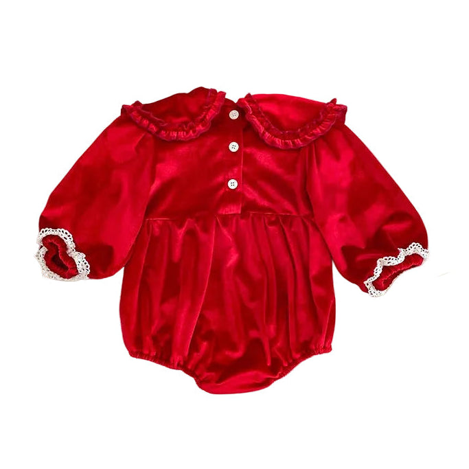 Back view of baby girl cherry red velvet long sleeve bubble romper showing back button closures