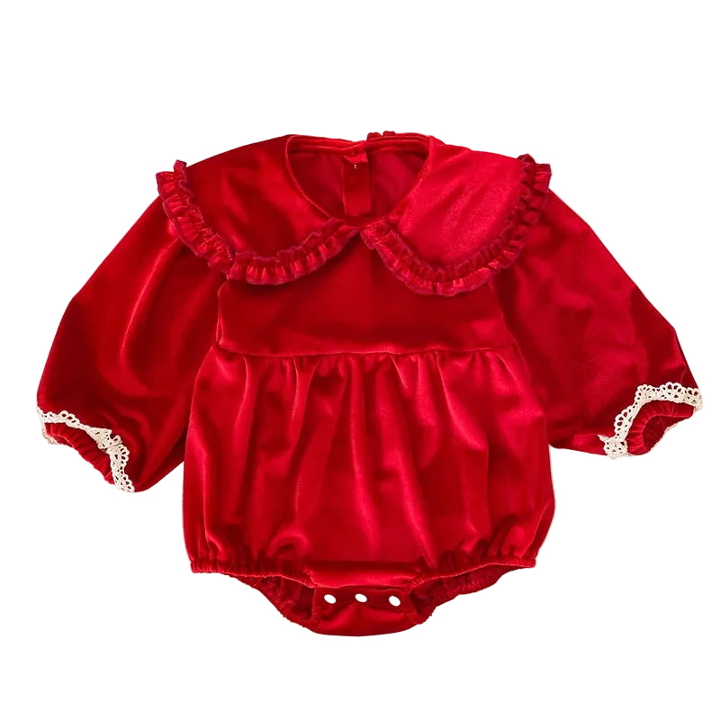 Baby girl cherry red velvet long sleeve bubble romper with ruffle Peter Pan collar and lace cuffs