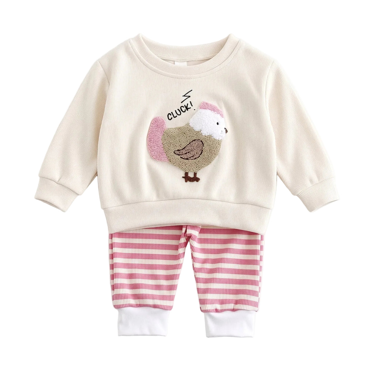 Baby girl 2-piece outfit set featuring an off-white chicken graphic sweatshirt and pink striped jogger pants.