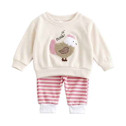 Baby girl 2-piece outfit set featuring an off-white chicken graphic sweatshirt and pink striped jogger pants.