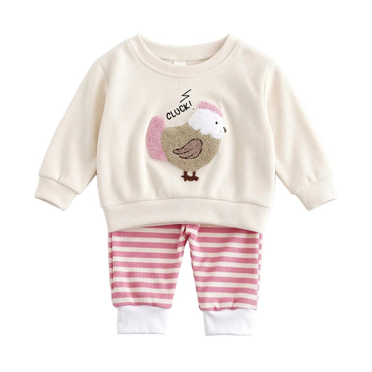 Baby girl 2-piece outfit set featuring an off-white chicken graphic sweatshirt and pink striped jogger pants.