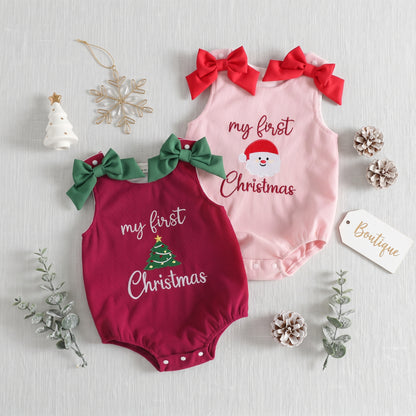 Flat lay view of baby girl red Christmas tree corduroy romper and pink Santa outfit options