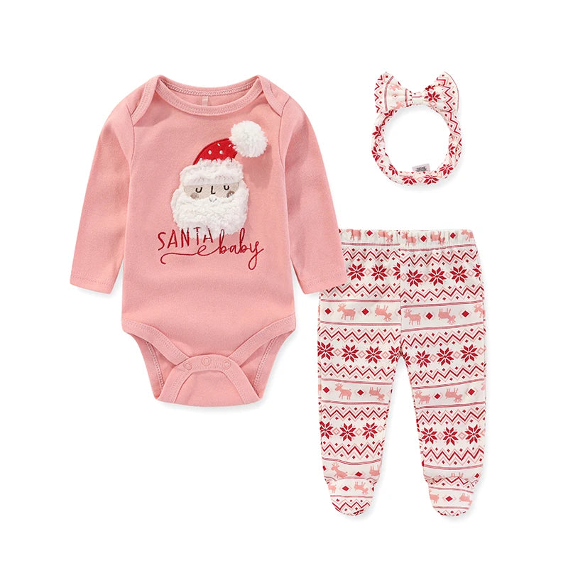 3-piece baby girl Christmas outfit set featuring a pink Santa Baby bodysuit, Fair Isle footed pants, and matching headband