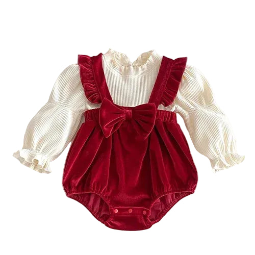 Baby girl Christmas red velvet-look bubble romper outfit with cream ribbed long sleeve top.