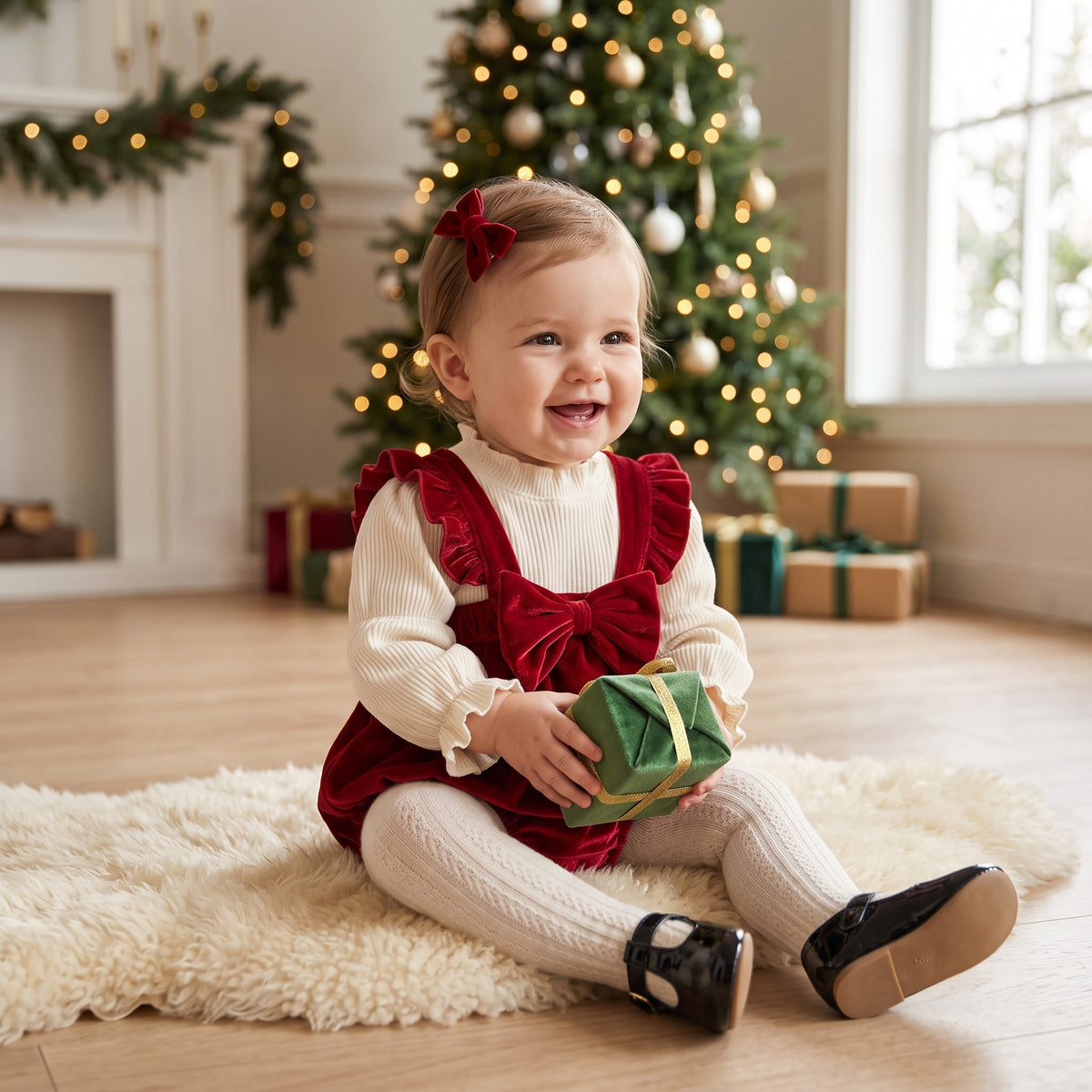 Baby girl sitting near a Christmas tree wearing a red velvet bubble romper holiday outfit.