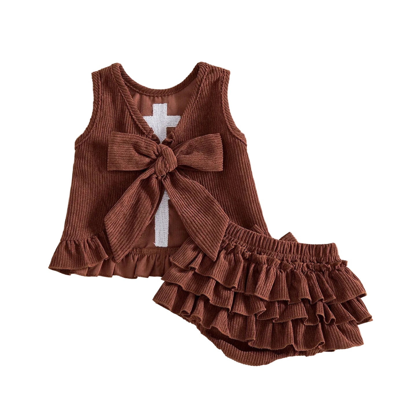 Back view of baby girl brown corduroy tank top showing large decorative bow and ruffle shorts