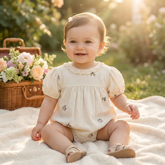 A smiling baby girl sitting on a blanket outdoors wearing a cottagecore-style floral embroidered cotton bubble romper.
