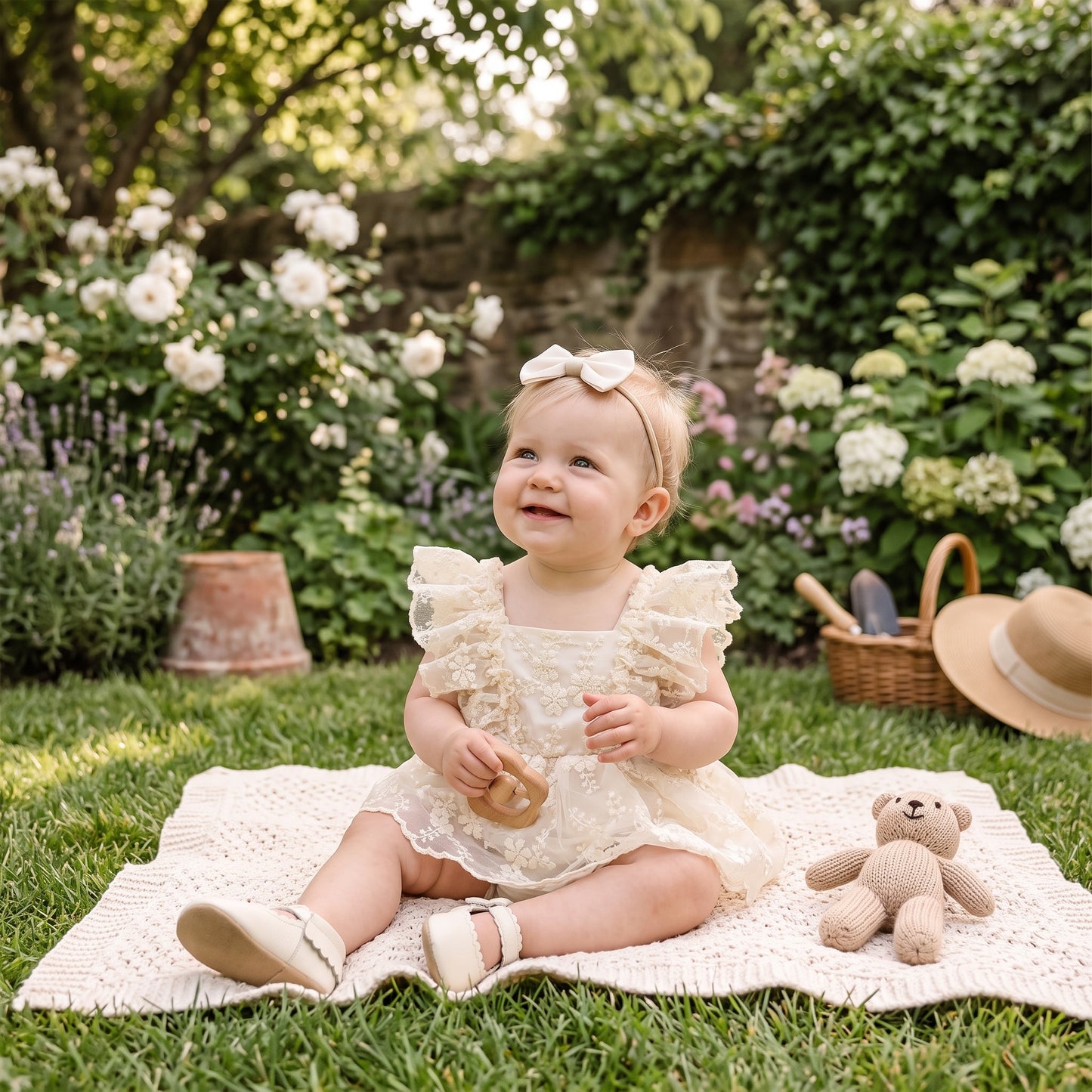 Baby girl wearing cream floral lace romper dress outdoors on garden picnic blanket