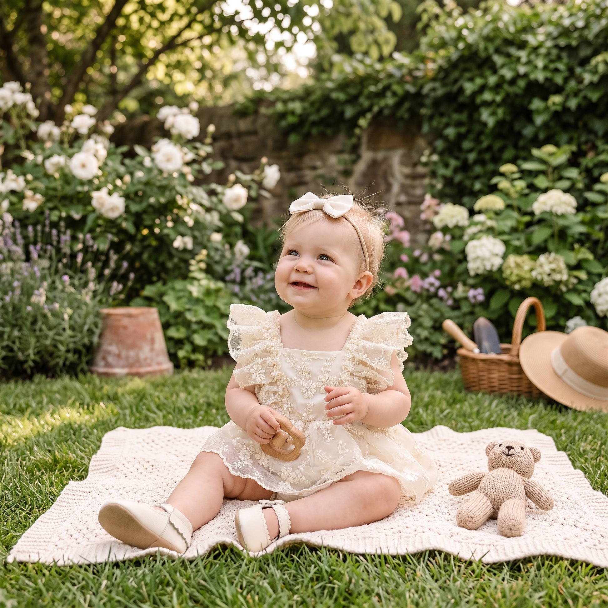 Baby girl wearing cream floral lace romper dress outdoors on garden picnic blanket