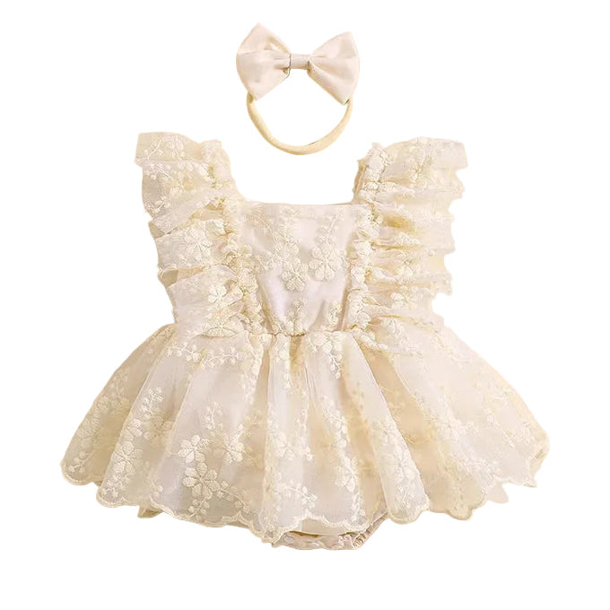 Cream baby girl floral lace romper dress set with matching bow headband on white background
