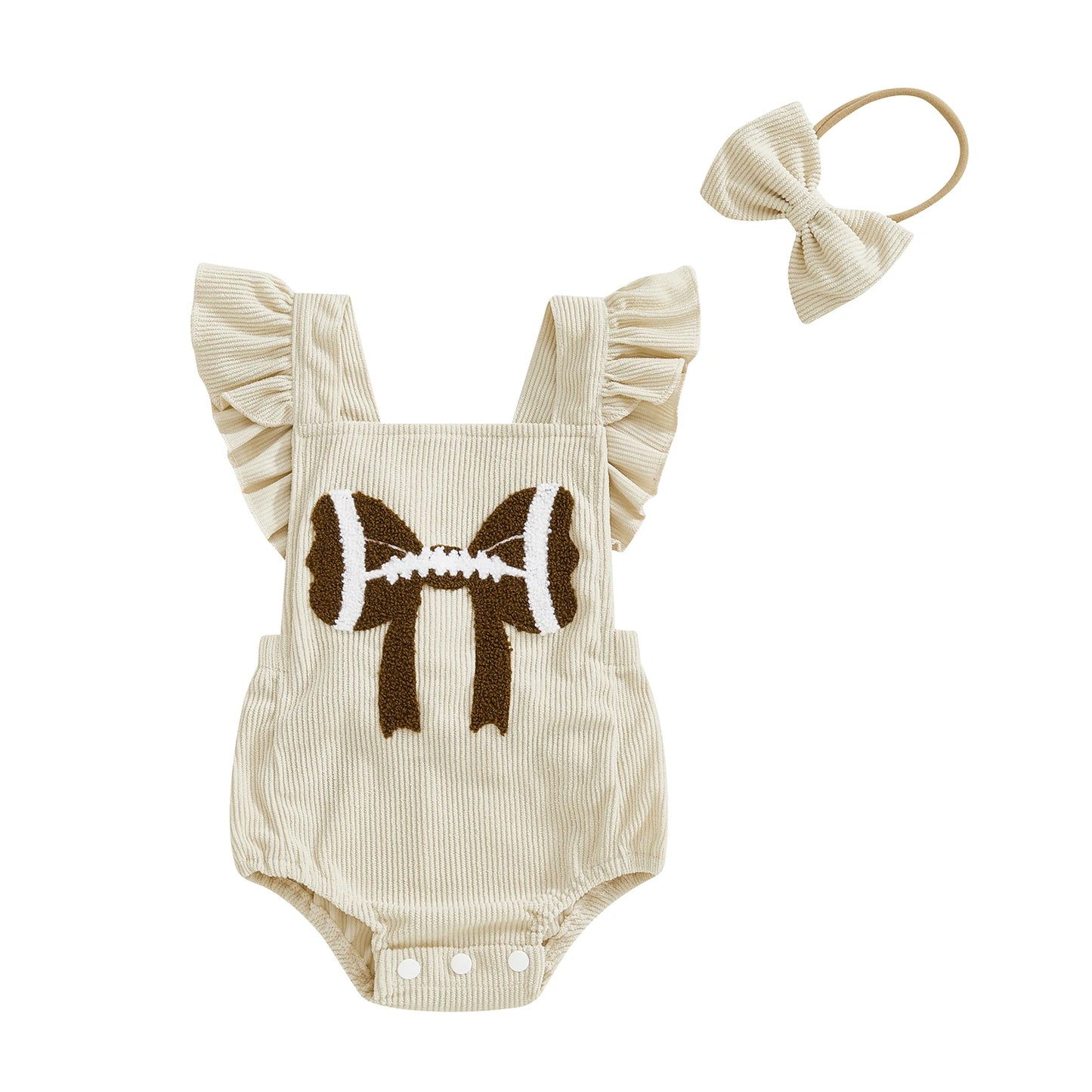 Cream baby girl flutter sleeve corduroy romper with football bow embroidery and matching headband