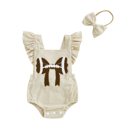 Cream baby girl flutter sleeve corduroy romper with football bow embroidery and matching headband