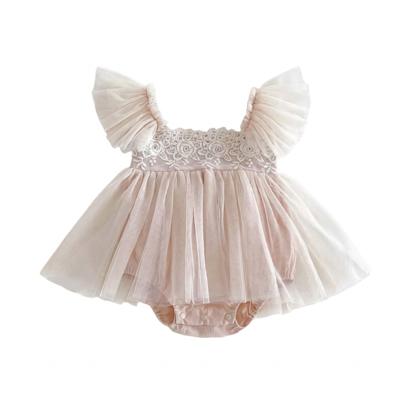 Cream baby girl lace ruffle tulle tutu romper dress flat lay front view