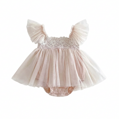 Cream baby girl lace ruffle tulle tutu romper dress flat lay front view