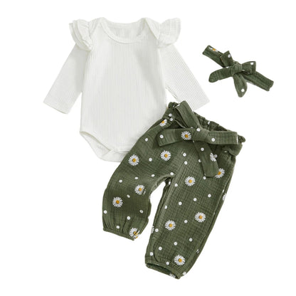 3-piece baby girl daisy print clothes set in olive green, featuring a white long-sleeve ruffle bodysuit, floral pants, and matching headband.