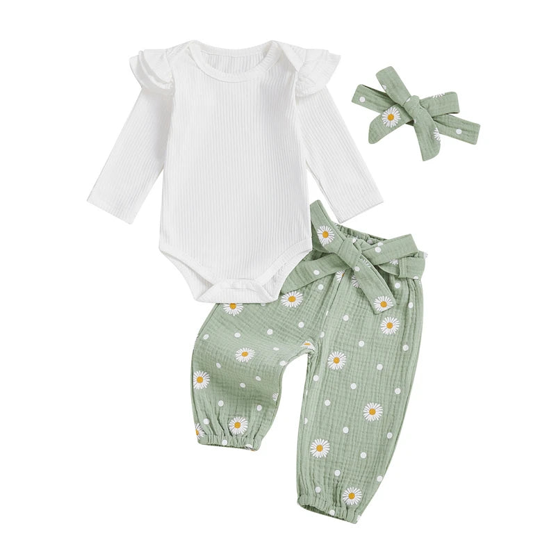 3-piece baby girl daisy print clothes set in sage green, featuring a white long-sleeve ruffle bodysuit, floral pants, and matching headband.