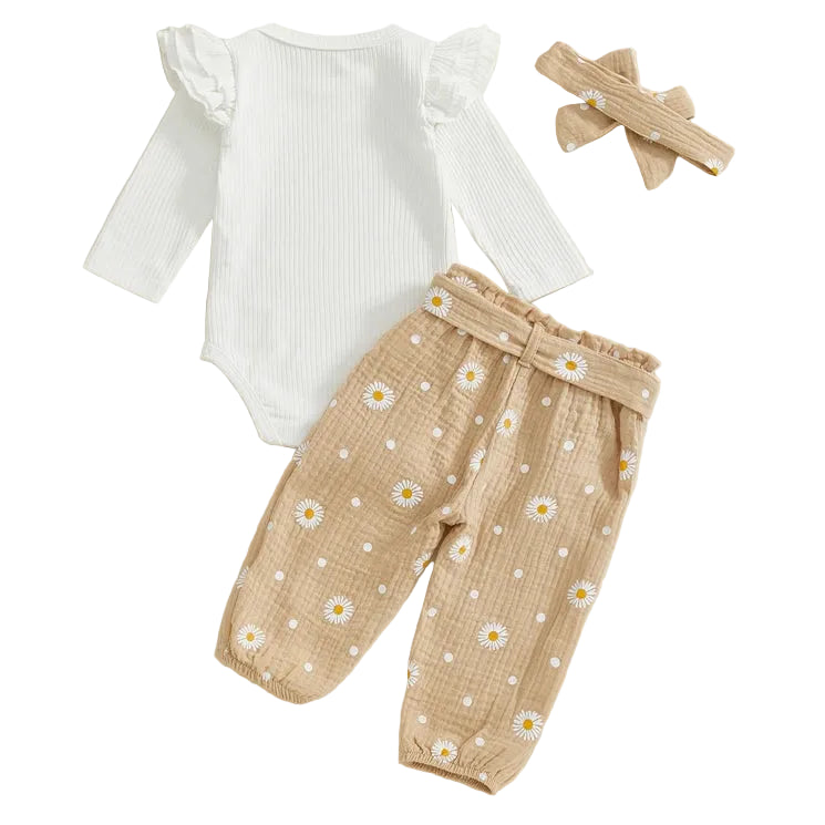 3-piece baby girl daisy print clothes set in taupe, featuring a white long-sleeve ruffle bodysuit, floral pants, and matching headband.