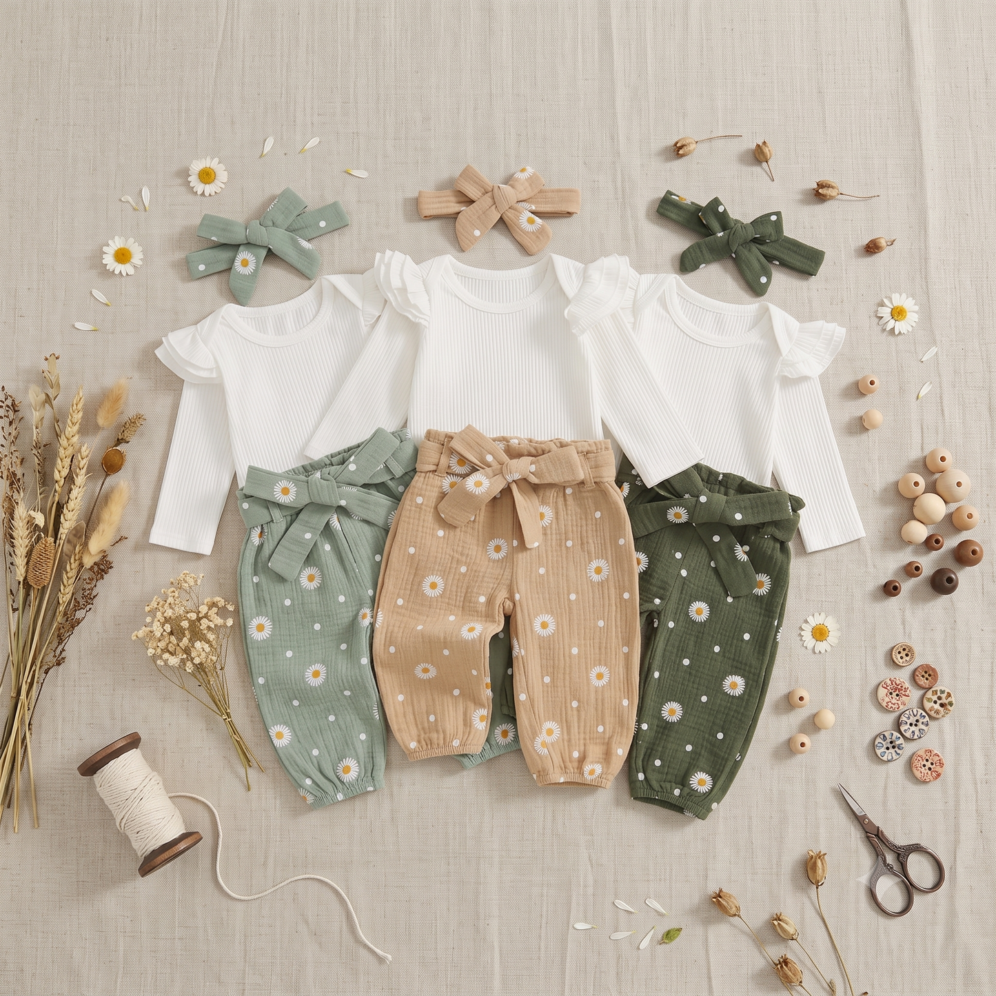Flat lay of the baby girl daisy print 3-piece clothes set showing all available colors: sage green, taupe, and olive green.