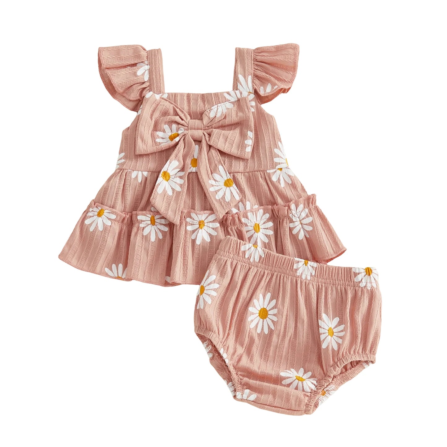 Adorable 2-piece baby girl summer set in Dusty Rose pink with white daisy floral pattern, square neck top, and ruffle sleeves.