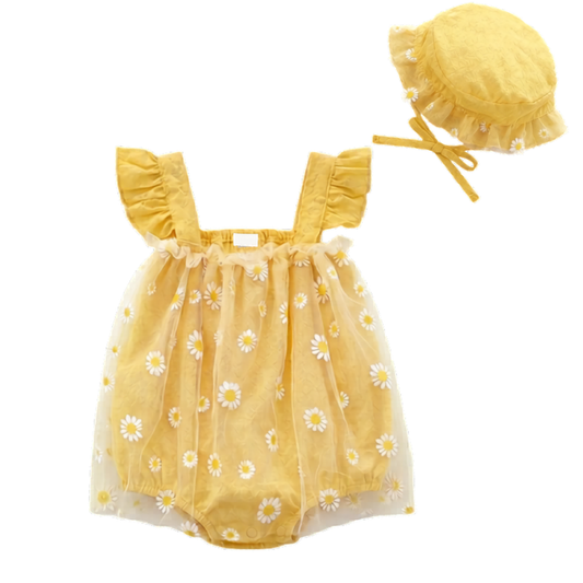 Kidsely Daisy Yellow baby girl romper featuring a premium floral jacquard weave and white daisy mesh overlay.