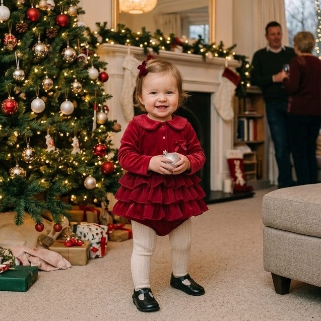 A happy baby girl wearing the deep red long-sleeve ruffle romper dress standing in a living room decorated for Christmas.