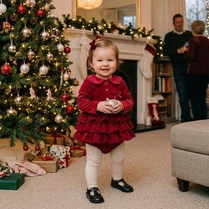 A happy baby girl wearing the deep red long-sleeve ruffle romper dress standing in a living room decorated for Christmas.