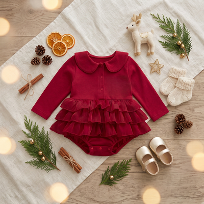 Flat lay of the deep red baby girl romper dress styled on a textured blanket with festive winter decor, including greenery, dried oranges, and baby shoes.