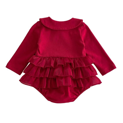 Back view of the baby girl deep red long-sleeve ruffle romper dress on a solid white background.