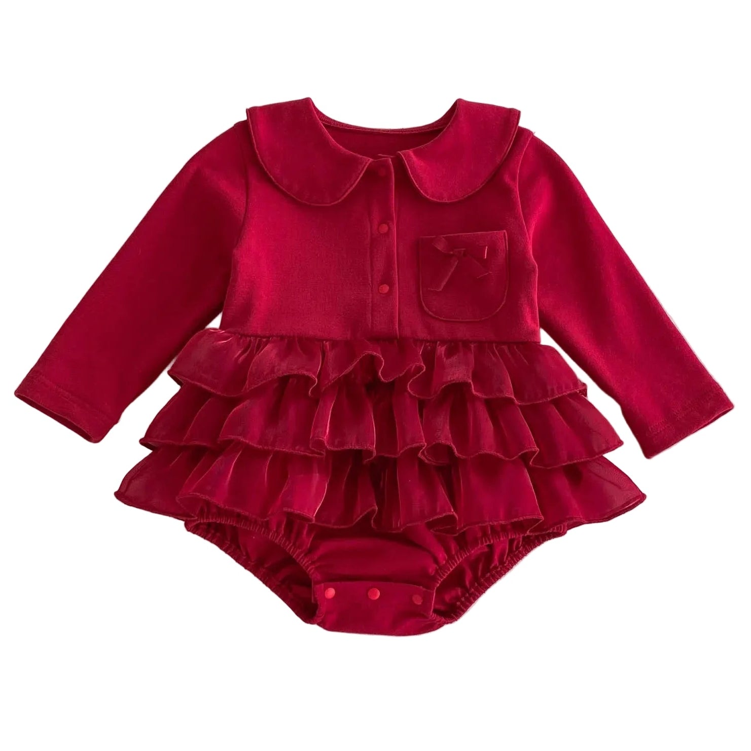 Front view of the baby girl deep red long-sleeve ruffle romper dress featuring a Peter Pan collar and layered tulle skirt on a plain white background.