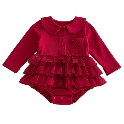 Front view of the baby girl deep red long-sleeve ruffle romper dress featuring a Peter Pan collar and layered tulle skirt on a plain white background.