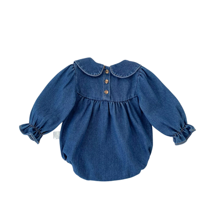 Full back view of long sleeve dark blue denim bubble romper for baby girls