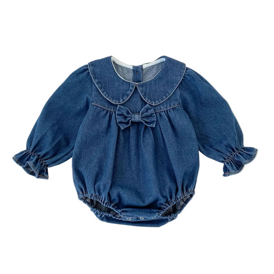 Front view of dark blue long sleeve denim bubble romper for baby girls with Peter Pan collar and bow detail