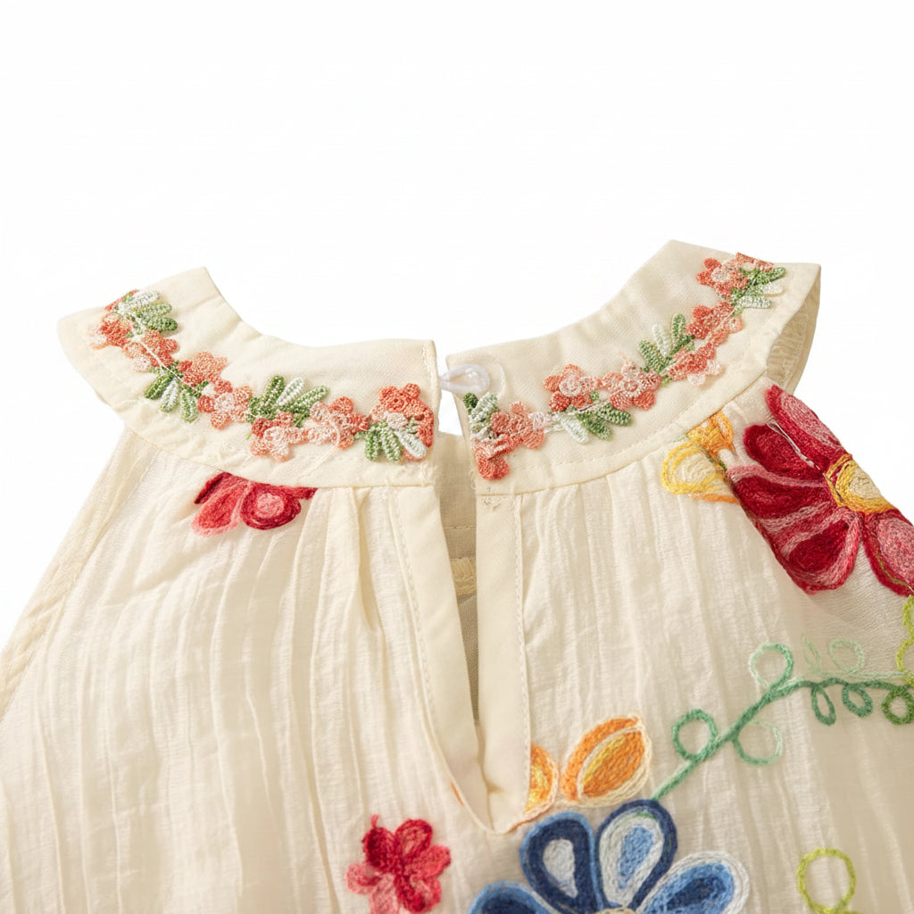Rear view of the dress neckline showing the secure white button closure and keyhole opening for easy dressing.