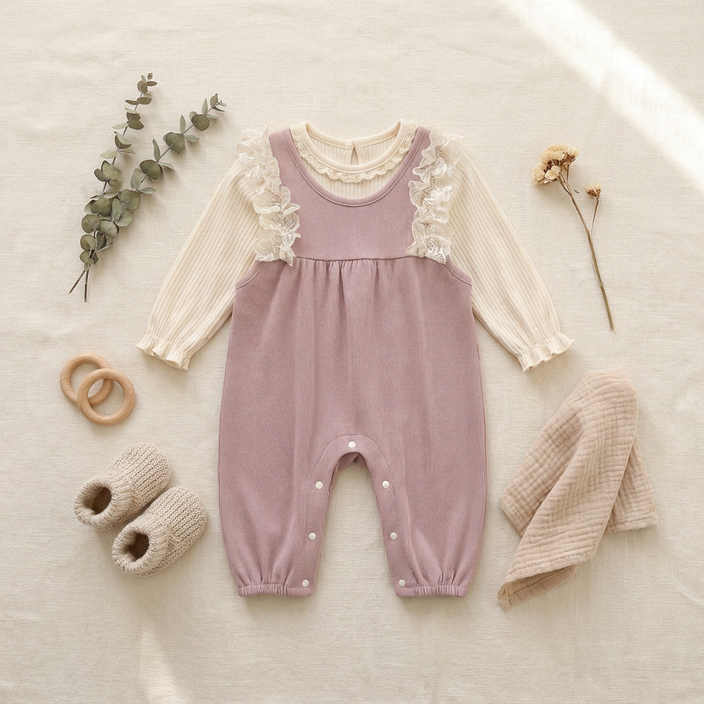 Flat lay of dusty pink ribbed lace ruffle romper set with cream top, eucalyptus sprig, and baby shoes