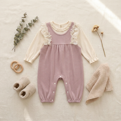 Flat lay of dusty pink ribbed lace ruffle romper set with cream top, eucalyptus sprig, and baby shoes