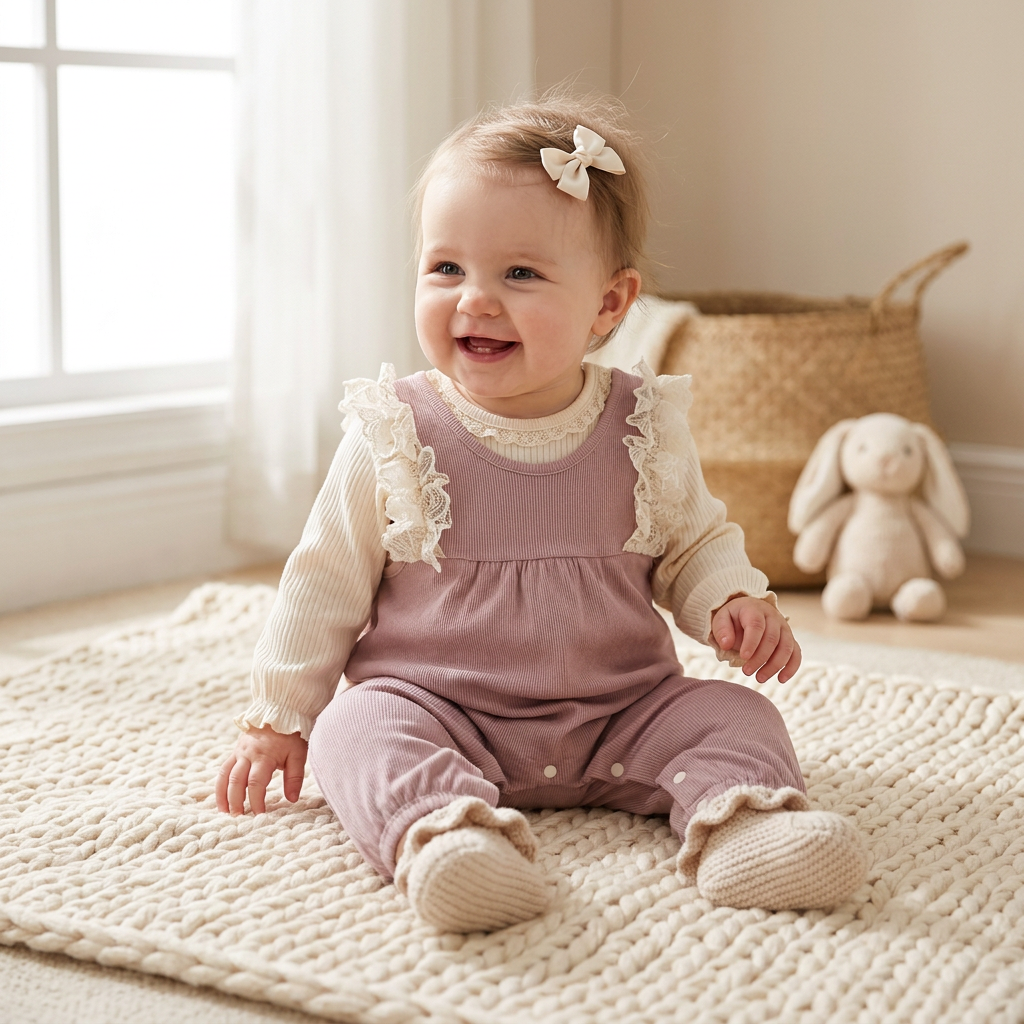 Smiling baby girl wearing a dusty pink ribbed lace ruffle suspender romper and matching cream top sitting on a textured rug