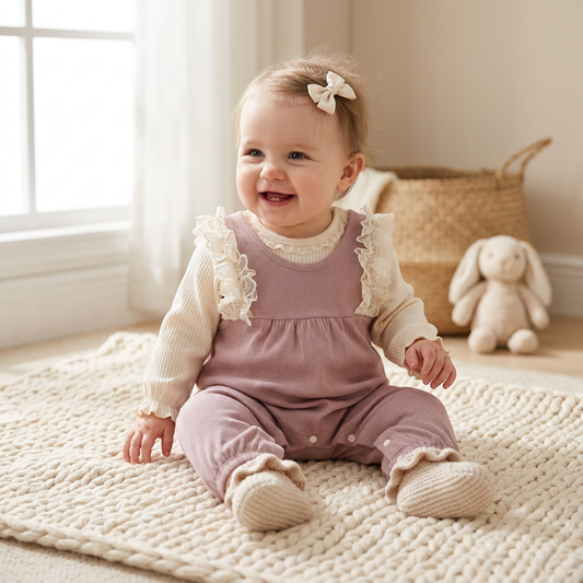 Smiling baby girl wearing a dusty pink ribbed lace ruffle suspender romper and matching cream top sitting on a textured rug
