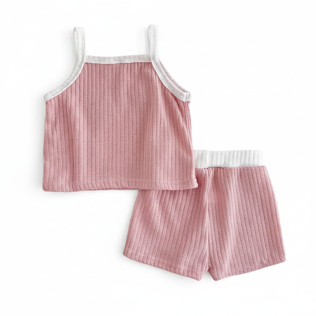 Flat lay layout showing the side and back angles of the baby girl dusty rose sleeveless tank top and elastic waistband shorts set.