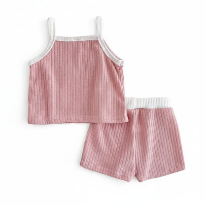 Flat lay layout showing the side and back angles of the baby girl dusty rose sleeveless tank top and elastic waistband shorts set.