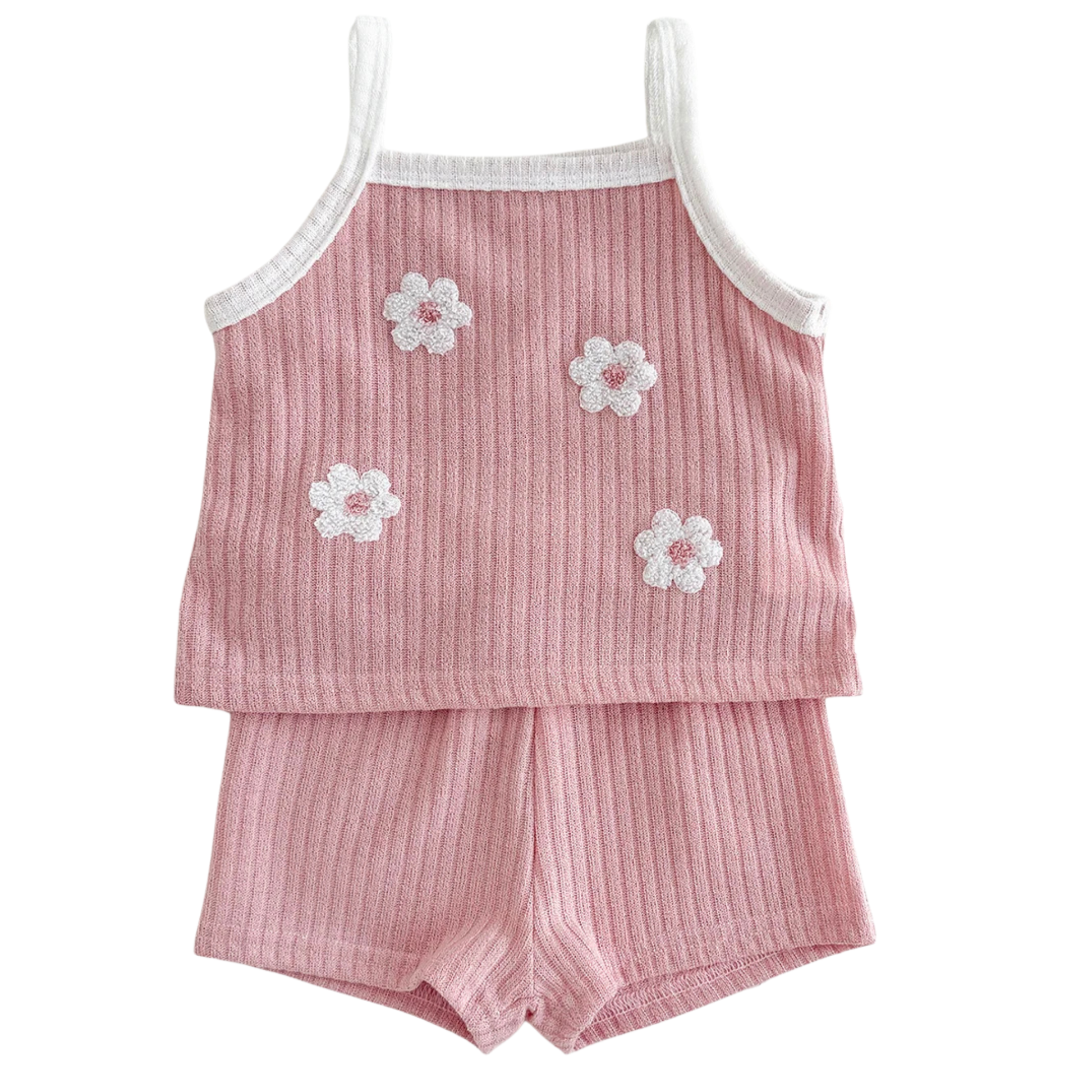 Front view flat lay of the dusty rose 2-piece baby girl summer set featuring a sleeveless ribbed tank top with white 3D loop flower embroidery and matching knit shorts.