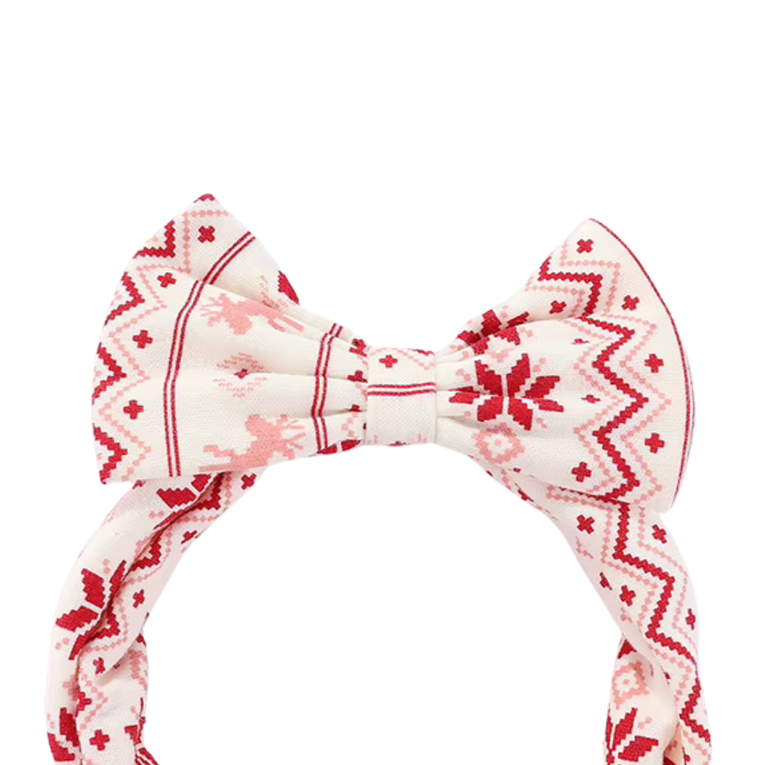 Close-up view of soft stretchable headband fabric in holiday Fair Isle pattern