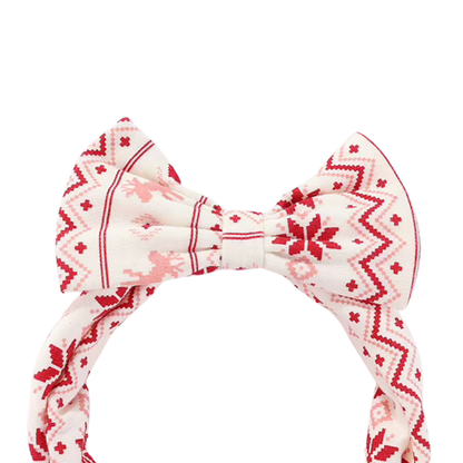 Close-up view of soft stretchable headband fabric in holiday Fair Isle pattern